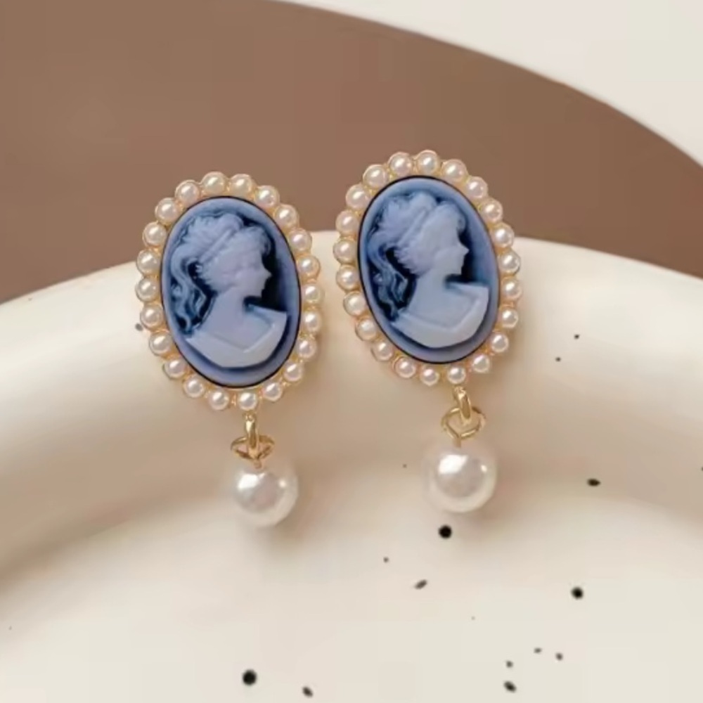 victorian Blue Cameo Pearl Drop Earrings